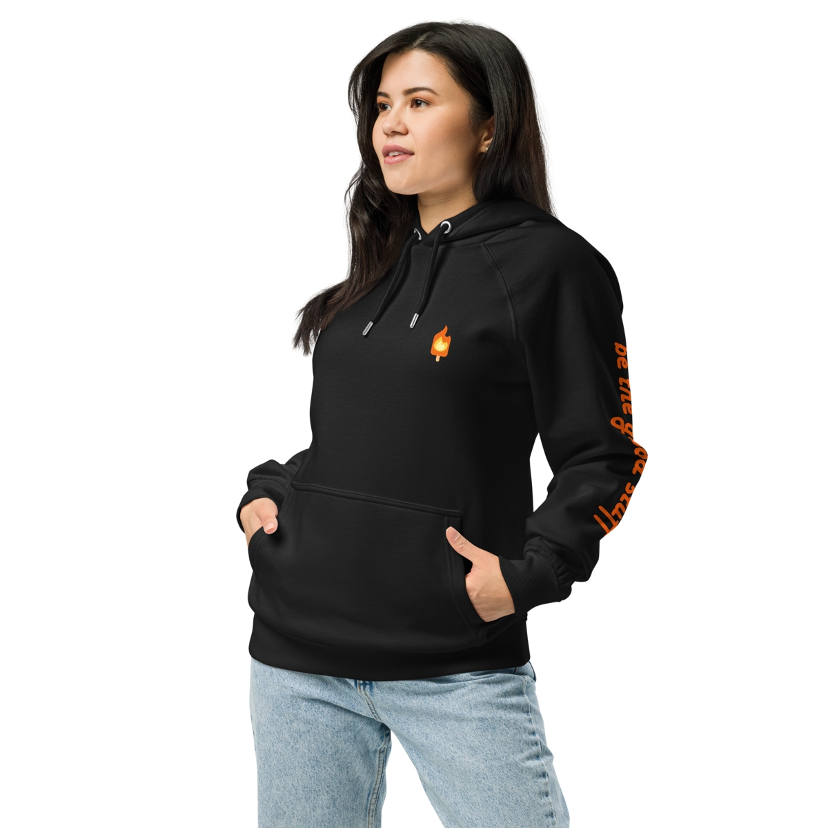 A person in a black Be The Good Stuff hoodie with an orange design